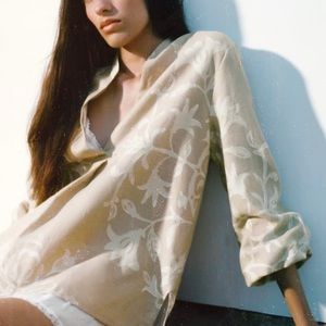 Zara PRINTED LINEN BLEND BLOUSE